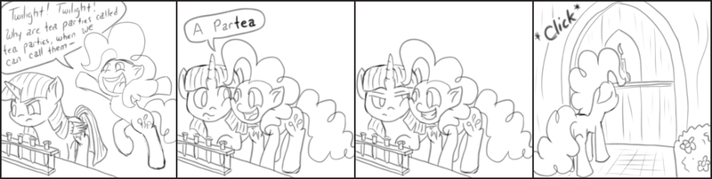 Size: 1998x504 | Tagged: safe, artist:m_d_quill, derpibooru import, pinkie pie, twilight sparkle, twilight sparkle (alicorn), alicorn, pony, comic, female, mare, monochrome, pun