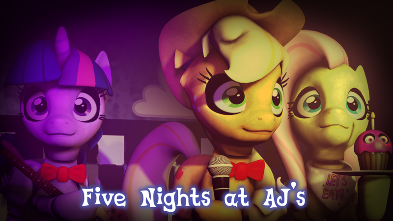 Size: 1024x576 | Tagged: safe, derpibooru import, applejack, fluttershy, twilight sparkle, twilight sparkle (alicorn), alicorn, pony, robot, five nights at aj's, 3d, animatronic, applefreddy, cupcake, female, five nights at freddy's, flutterchica, food, gmod, guitar, looking at you, mare, musical instrument, source filmmaker, twibon