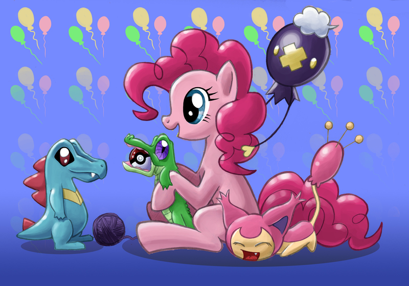 Size: 2731x1912 | Tagged: artist:cybertoaster, crossover, derpibooru import, drifloon, gummy, pinkie pie, pokéball, pokémon, safe, skitty, totodile