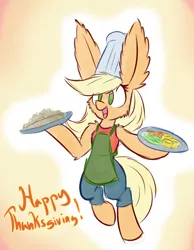 Size: 700x900 | Tagged: safe, artist:heir-of-rick, derpibooru import, applejack, pony, semi-anthro, daily apple pony, apron, bipedal, chef's hat, clothes, ear fluff, food, hat, holiday, impossibly large ears, thanksgiving