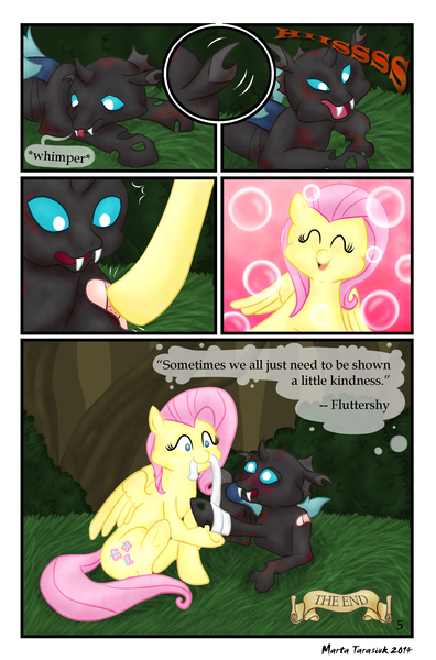 Size: 2025x3067 | Tagged: a little kindness (comic), artist:maerafey, bandage, changeling, comic, derpibooru import, fluttershy, injured, safe