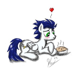 Size: 300x300 | Tagged: artist:derpyhooves560, backwards cutie mark, blushing, derpibooru import, food, heart, old cutie mark, pie, prone, safe, soarin', solo, that pony sure does love pies