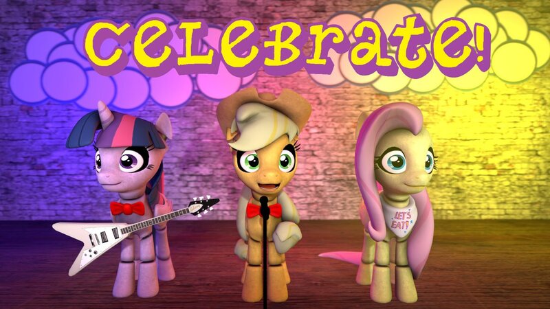 Size: 1191x670 | Tagged: safe, derpibooru import, applejack, fluttershy, twilight sparkle, twilight sparkle (alicorn), alicorn, pony, five nights at aj's, 3d, applefreddy, female, five nights at freddy's, flutterchica, food, gmod, looking at you, mare, party, poster, sandwich, show stage, source filmmaker, stage, twibon