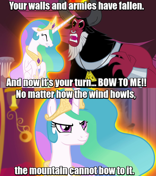 Size: 640x719 | Tagged: caption, derpibooru import, disney, image macro, lord tirek, mulan, princess celestia, safe, scorpan's necklace, screencap, text, twilight's kingdom