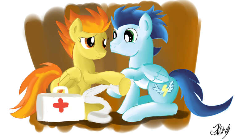 Size: 3628x2040 | Tagged: artist:jbond, bandage, derpibooru import, female, first aid, first aid kit, male, medicine chest, old cutie mark, safe, shipping, sitting, soarin', soarinfire, spitfire, straight