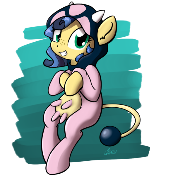 Size: 1063x1080 | Tagged: safe, artist:whatsapokemon, derpibooru import, oc, oc:milky way, unofficial characters only, cow, miltank, pony, clothes, cosplay, costume, crotchboobs, cute, female, looking at you, mare, nudity, pokémon, simple background, smiling, solo, teats, transparent background, udder