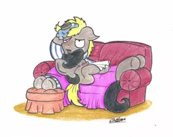 Size: 1544x1220 | Tagged: safe, artist:bobthedalek, derpibooru import, oc, oc:mixed melody, oc:octavia's father, oc:octavia's mother, oc:ostinato melody, unofficial characters only, earth pony, pony, blanket, clothes, cold, couch, duo, female, male, messy mane, nose blowing, pajamas, red nosed, sick, sneezing, tissue, traditional art