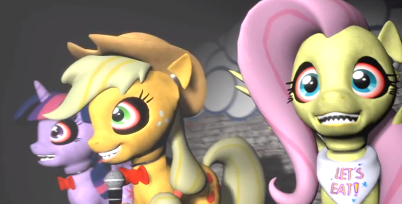 Size: 1356x689 | Tagged: safe, derpibooru import, applejack, fluttershy, twilight sparkle, twilight sparkle (alicorn), alicorn, pony, robot, five nights at aj's, 3d, animatronic, applefreddy, bloodshot eyes, crazy face, creepy, faic, female, five nights at freddy's, flutterchica, gmod, looking at you, mare, microphone, sharp teeth, show stage, singing, smiling, source filmmaker, stage, teeth, twibon