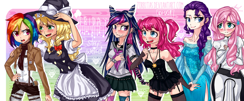 Size: 2000x833 | Tagged: safe, artist:zorbitas, derpibooru import, applejack, fluttershy, pinkie pie, rainbow dash, rarity, sci-twi, twilight sparkle, human, equestria girls, appledash, attack on titan, bleach (manga), blonde, clothes, cosplay, costume, danganronpa, danganronpa 2, death note, elsa, female, flarity, frozen (movie), german, humane five, humane six, humanized, ibuki mioda, inoue orihime, kirisame marisa, lesbian, magdalena turba, mane six, mikasa ackerman, misa amane, queen elsarity, shannon chan-kent, shipping, touhou, twinkie, voice actor joke