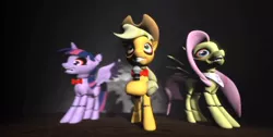 Size: 1362x685 | Tagged: safe, derpibooru import, applejack, fluttershy, twilight sparkle, twilight sparkle (alicorn), alicorn, pony, robot, five nights at aj's, 3d, animatronic, applebot, applefreddy, bloodshot eyes, female, five nights at freddy's, flutterchica, gmod, looking at you, mare, microphone, sharp teeth, show stage, singing, source filmmaker, teeth, twibon