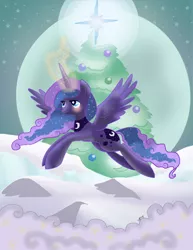 Size: 850x1100 | Tagged: artist:candiphoenixes, blushing, derpibooru import, flying, hearth's warming eve, magic, princess luna, safe, snow, solo, tree