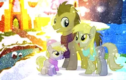 Size: 1500x950 | Tagged: safe, artist:asika-aida, derpibooru import, derpy hooves, dinky hooves, doctor whooves, time turner, pegasus, pony, clothes, doctorderpy, equestria's best mother, female, male, mare, scarf, shipping, snow, snowfall, straight, winter