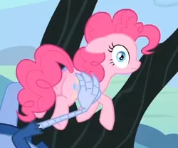 Size: 361x301 | Tagged: safe, derpibooru import, screencap, discord, pinkie pie, pony, three's a crowd, butt, confused, female, mare, plot, solo, thousand yard stare