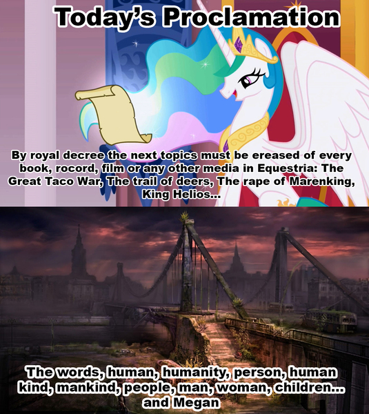 Size: 1021x1144 | Tagged: celestia's proclamation, derpibooru import, exploitable meme, fanfic:the conversion bureau, megan williams, meme, op is jelly, princess celestia, safe, the conversion bureau, tyrant celestia, xenolestia