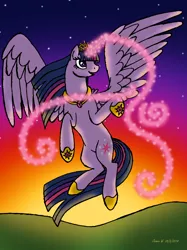 Size: 914x1219 | Tagged: safe, artist:lavenderrain24, derpibooru import, twilight sparkle, twilight sparkle (alicorn), alicorn, pony, crown, female, glowing horn, horn, jewelry, magic, mare, regalia, solo, sunset