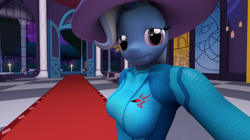 Size: 1920x1080 | Tagged: 3d, anthro, bedroom eyes, bodysuit, breasts, clothes, derpibooru import, female, hat, looking at you, metroid, nudity, safe, samus aran, selfie, solo, source filmmaker, trixie, trixie's hat, zero suit