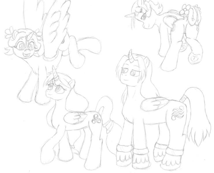 Size: 1516x1228 | Tagged: suggestive, artist:voltrathelively, derpibooru import, ponified, alicorn, pony, butt, chest fluff, curved horn, din, farore, flower, frog (hoof), golden goddesses, horn, horn ring, jewelry, large wings, monochrome, nayru, plot, ring, tail wrap, the legend of zelda, underhoof, unshorn fetlocks, wings