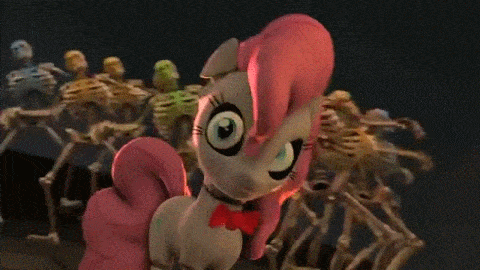 Size: 480x270 | Tagged: 2spooky, 3d, 3spooky5me, animated, artist:ferexes, bone, bonnie pie, bowtie, dancing, derpibooru import, five nights at aj's, five nights at freddy's, grin, looking at you, pinkie pie, ribbon, safe, skeleton, smiling, source filmmaker, spooky, spooky at the source, spooky scary skeleton, wide eyes, youtube link