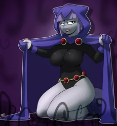 Size: 3300x3571 | Tagged: safe, alternate version, artist:strangerdanger, derpibooru import, maud pie, anthro, unguligrade anthro, big breasts, breasts, brooch, busty maud pie, cloak, clothes, cosplay, costume, female, hooded cloak, image, kneeling, leotard, lidded eyes, looking at you, open mouth, png, raven (dc comics), raven (teen titans), solo, teen titans