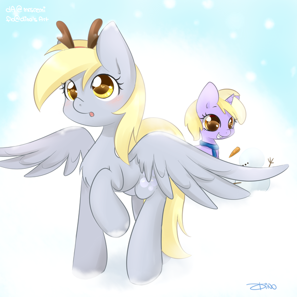 Size: 2000x2000 | Tagged: safe, artist:mrsremi, derpibooru import, derpy hooves, dinky hooves, pegasus, pony, unicorn, clothes, equestria's best mother, scarf, snow, snowfall