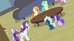 Size: 1280x720 | Tagged: safe, derpibooru import, screencap, banana peel (character), brown sugar, burnout (character), lightning flare, mint flower, plumberry, rarity, titania, earth pony, pegasus, pony, unicorn, for whom the sweetie belle toils, 5-year-old, colt, female, filly, male