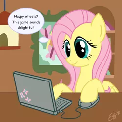 Size: 1024x1024 | Tagged: artist:oemilythepenguino, computer, derpibooru import, edit, fluttershy, fs doesn't know what she's getting into, happy wheels, safe, solo, this will end in tears