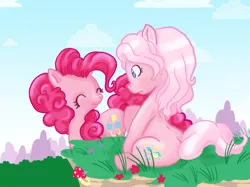 Size: 1067x800 | Tagged: artist:cloverminto, derpibooru import, duality, g3, generational ponidox, pinkie pie, pinkie pie (g3), safe, self ponidox, square crossover