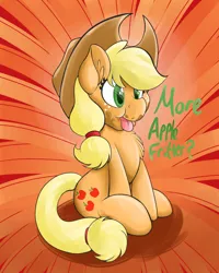 Size: 1024x1280 | Tagged: safe, artist:theimmolatedpoet, derpibooru import, applejack, pony, apple fritter (food), chest fluff, cute, food, jackabetes, messy eating, silly, silly pony, solo, tongue out
