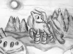 Size: 1920x1440 | Tagged: artist:heromewtwo, charcoal drawing, clothes, crossover, derpibooru import, fir tree, forest, ice, monochrome, pinkie pie, pokémon, safe, snow, socks, solo, traditional art, tree, vanillite, winter