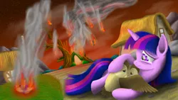 Size: 3840x2160 | Tagged: artist:the1xeno1, crying, derpibooru import, destroyed, golden oaks library, owlowiscious, safe, scene interpretation, twilight's kingdom, twilight sparkle