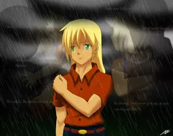 Size: 1600x1259 | Tagged: applejack, applejack's parents, artist:skecchiart, clothes, crying, derpibooru import, flashback, human, humanized, memory, rain, semi-grimdark, solo