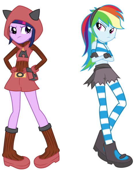 Size: 7000x8874 | Tagged: safe, artist:bubblestormx, derpibooru import, rainbow dash, twilight sparkle, equestria girls, absurd resolution, clothes, dress, pokémon, socks, striped socks, team aqua, team magma