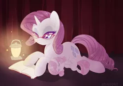 Size: 1280x896 | Tagged: dead source, safe, artist:hawthornss, derpibooru import, rarity, sweetie belle, firefly (insect), insect, pony, unicorn, book, cute, ear fluff, eyes closed, female, foal, frown, glasses, lantern, legs in air, mare, reading, siblings, side, sisters, sleeping, spread legs, spreading, underhoof, younger