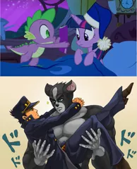 Size: 1283x1585 | Tagged: alicorn, anthro, comic book meme, derpibooru import, dog, exploitable meme, gay, iggy, imminent sex, japanese, jojo's bizarre adventure, jotaro kujo, male, meme, obligatory pony, spike, suggestive, twilight sparkle, twilight sparkle (alicorn), wat, why, wtf