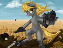 Size: 1024x768 | Tagged: safe, artist:chickhawk96, derpibooru import, derpy hooves, doctor whooves, time turner, pegasus, pony, doctor who, dual wield, female, let's kill hitler, m1911, mare, river song, tardis