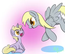 Size: 1500x1250 | Tagged: safe, artist:malwinters, derpibooru import, derpy hooves, dinky hooves, pegasus, pony, unicorn, :d, colored pupils, cute, dinkabetes, equestria's best mother, eye contact, female, filly, flying, gradient background, happy, looking at each other, mare, newbie artist training grounds, pink background, shadow, simple background, sitting, smiling, spread wings, wings