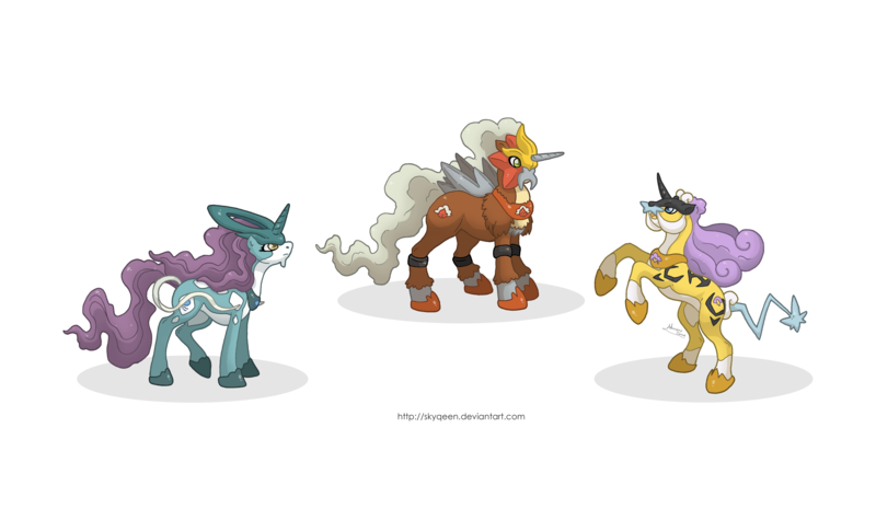 Size: 6000x3648 | Tagged: safe, artist:almairis, derpibooru import, ponified, entei, pony, raikou, suicune, crossover, genderless, legendary beasts, legendary pokémon, pokémon, ponymon, rearing, simple background, transparent background