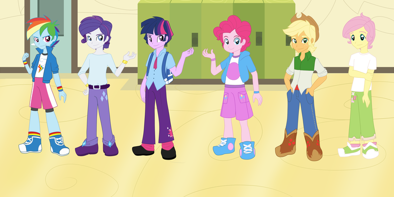 Size: 3000x1500 | Tagged: safe, artist:looji, derpibooru import, applejack, fluttershy, pinkie pie, rainbow dash, rarity, twilight sparkle, human, equestria girls, applejack (male), bubble berry, butterscotch, dusk shine, elusive, eqg promo pose set, equestria guys, hall, humanized, line-up, lockers, male, mane six, rainbow blitz, rule 63