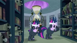 Size: 960x540 | Tagged: safe, derpibooru import, edit, sci-twi, twilight sparkle, ponified, pony, unicorn, equestria girls, it's about time, canterlot library, equestria girls ponified, eyepatch, future twilight, twolight, unicorn sci-twi, unicorn twilight