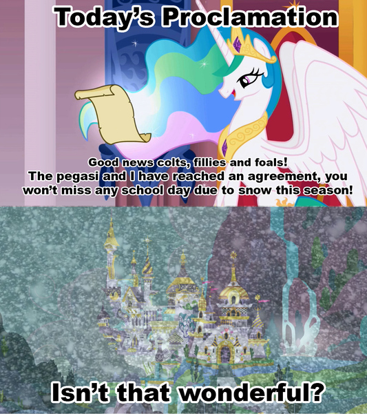 Size: 1021x1149 | Tagged: celestia's proclamation, derpibooru import, exploitable meme, meme, princess celestia, safe, snow, snowfall, tyrant celestia