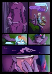Size: 850x1200 | Tagged: suggestive, artist:slypon, derpibooru import, applejack, fluttershy, rainbow dash, twilight sparkle, twilight sparkle (alicorn), alicorn, anthro, comic:night mares (series), comic:night mares 2, arm behind head, breasts, clothes, comic, corrupted, couch, dialogue, faceless female, female, fingers in mouth, licking, licking fingers, midriff, offscreen character, pajamas, possessed, tongue out, video game