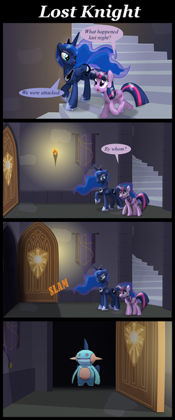 Size: 1450x3460 | Tagged: safe, artist:evil-dec0y, derpibooru import, princess luna, twilight sparkle, twilight sparkle (alicorn), alicorn, marshtomp, pony, 4koma, comic, female, mare, pokémon