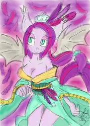 Size: 800x1117 | Tagged: suggestive, artist:gameboyred, derpibooru import, oc, oc:sweet hum, unofficial characters only, anthro, bat pony, anthro oc, breasts, cleavage, clothes, feather, female, kimono (clothing), sketch, solo, solo female
