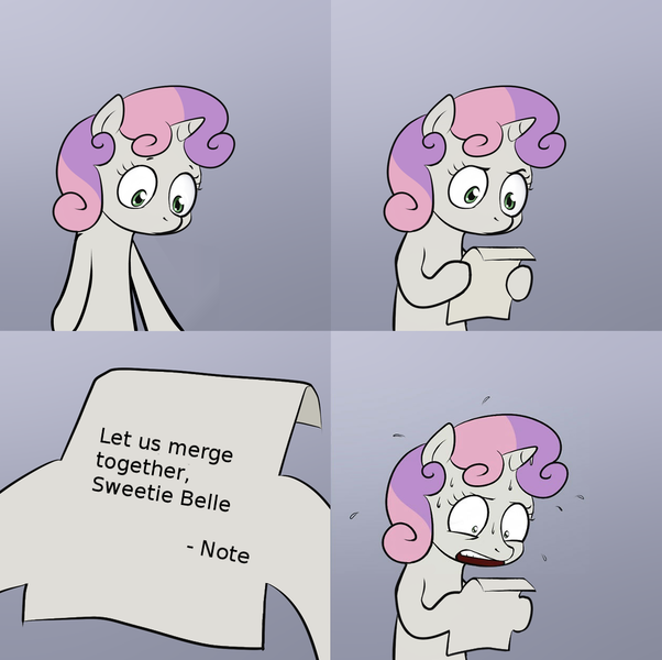 Size: 1024x1021 | Tagged: clever, derpibooru import, exploitable meme, fusion, meme, obligatory pony, safe, surreal, sweetie belle, sweetie's note meme, we have become one