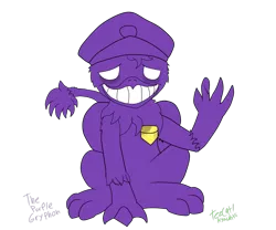 Size: 1200x1000 | Tagged: safe, artist:tezcatl-ayauhtli, derpibooru import, oc, unofficial characters only, gryphon, crossover, five nights at freddy's, five nights at freddy's 2, grin, purple gryphon, purple man (fnaf), security guard, simple background, sitting, smiling, solo, transparent background, waving