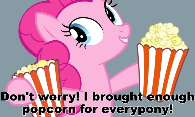 Size: 900x540 | Tagged: artist:lahirien, caption, derpibooru import, edit, edited screencap, equestria games, equestria games (episode), food, grin, hoof hold, image macro, meme, pinkie pie, popcorn, reaction image, safe, screencap, smiling, solo, text