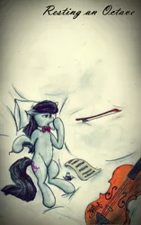 Size: 2203x3503 | Tagged: safe, artist:urbanhawk, deleted from derpibooru, derpibooru import, octavia melody, earth pony, pony, bed, bow (instrument), bowtie, cello, cello bow, floppy ears, ink, music, music notes, musical instrument, pillow, quill, sheet music, solo, tired, traditional art, yawn