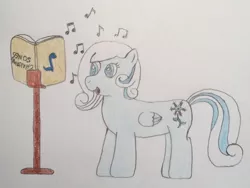 Size: 1344x1008 | Tagged: artist:epicalaxy master, blind, blind joke, book, christmas, derpibooru import, drawing, hearth's warming, holiday, music notes, oc, oc:snowdrop, safe, singing, solo, traditional art, unofficial characters only, we are going to hell