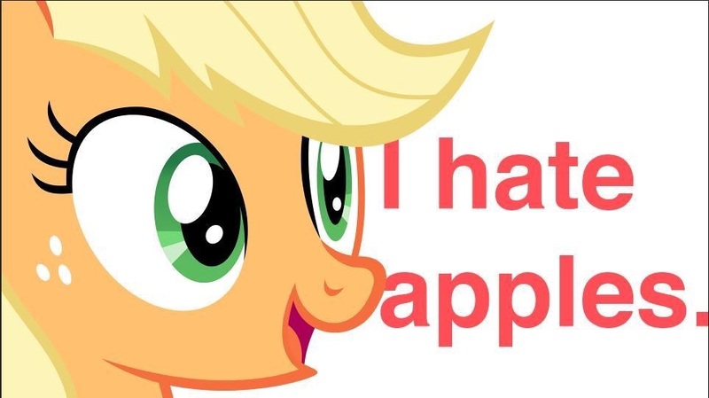 Size: 963x541 | Tagged: apple, applejack, blatant lies, derpibooru import, dishonorapple, food, fruit heresy, heresy, liarjack, lies and slander!, safe