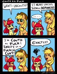 Size: 539x693 | Tagged: safe, artist:superkeen, derpibooru import, apple bloom, applejack, earth pony, pony, ..., applejack's hat, blushing, cluster f-bomb, comic, cowboy hat, female, filly, hat, hypocritical humor, mare, parody, scene parody, siblings, sisters, uncouth, vulgar